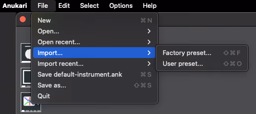 The File menu with Import expanded, showing Factory preset and User preset options