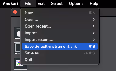 The File menu with Save highlighted for the current preset file