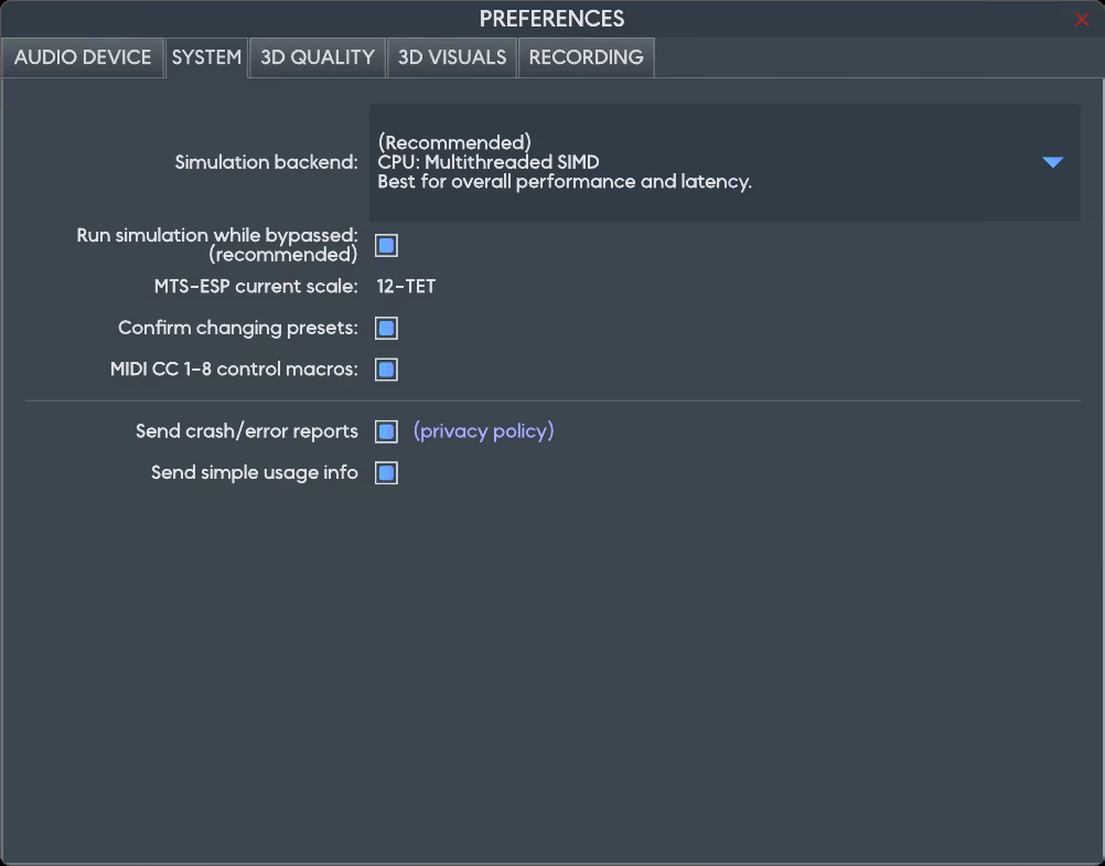 The Preferences dialog on the System tab: simulation backend, run while bypassed, the current MTS-ESP scale, preset confirmation, MIDI CC macros, and the crash and usage reporting toggles