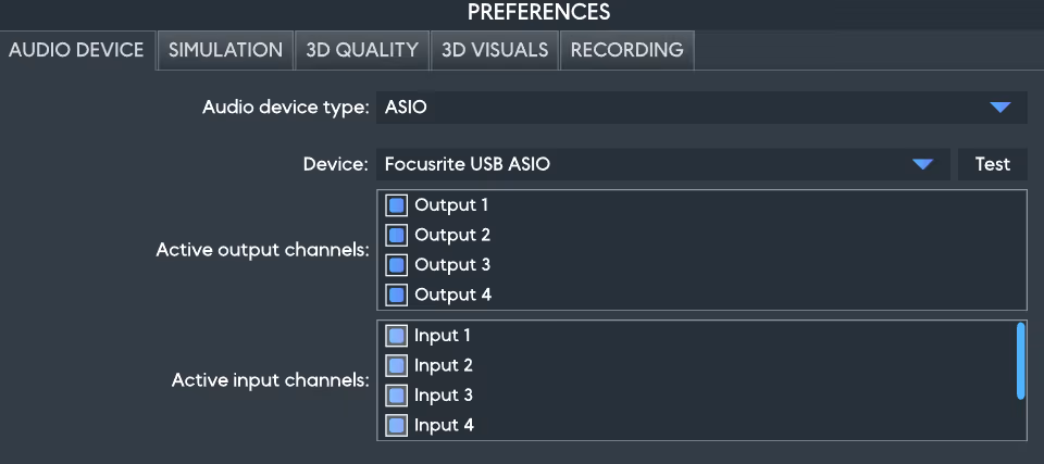 The Audio Device preferences with four active output channels and four active input channels on an ASIO device