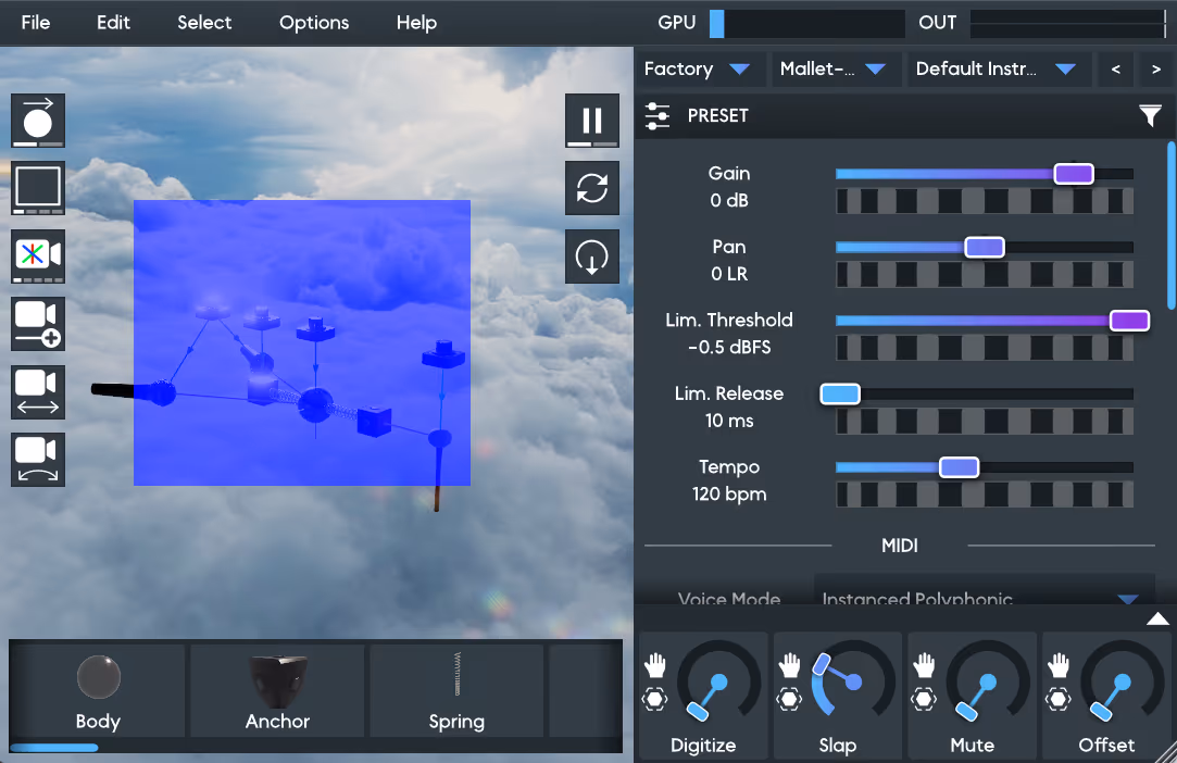 Dragging a blue selection box around several objects in Anukari's 3D view