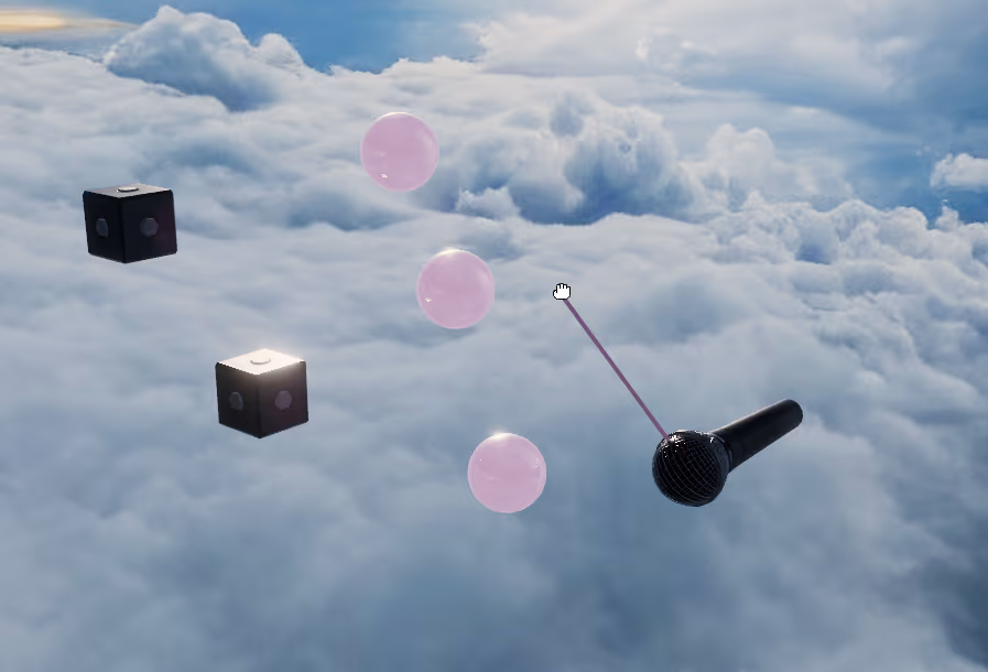 After pressing the C hotkey over the Mic, the three Body objects glow pink as connection candidates while the two Anchor cubes stay dark