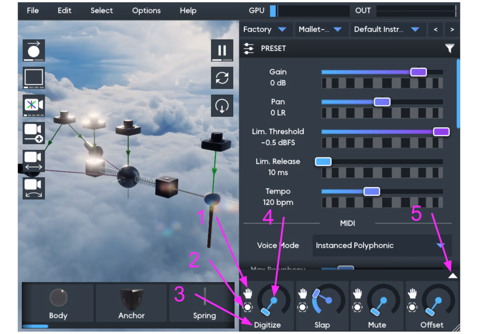 The Macro panel with its controls annotated: drag handle, select button, Macro name, knob, and the expand panel button