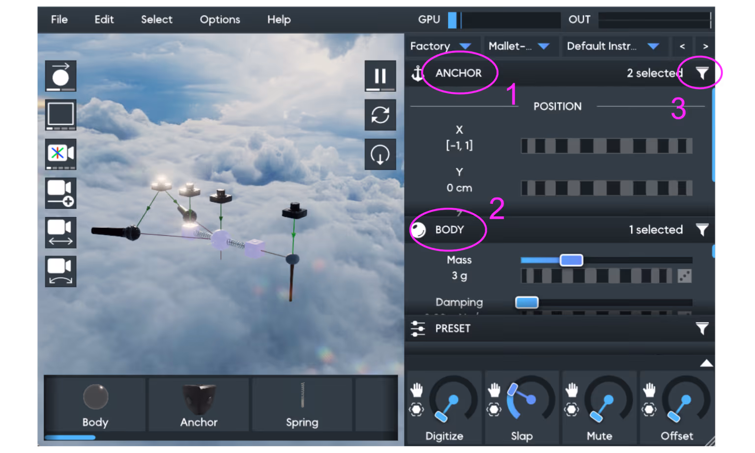 The Object Editor panel showing parameter groups for two selected Anchors and one Body, with the Anchor panel, Body panel, and Filter button annotated as 1, 2, and 3