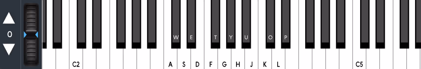 The on-screen MIDI keyboard with octave transpose buttons, a pitch wheel, and QWERTY key labels on the piano keys